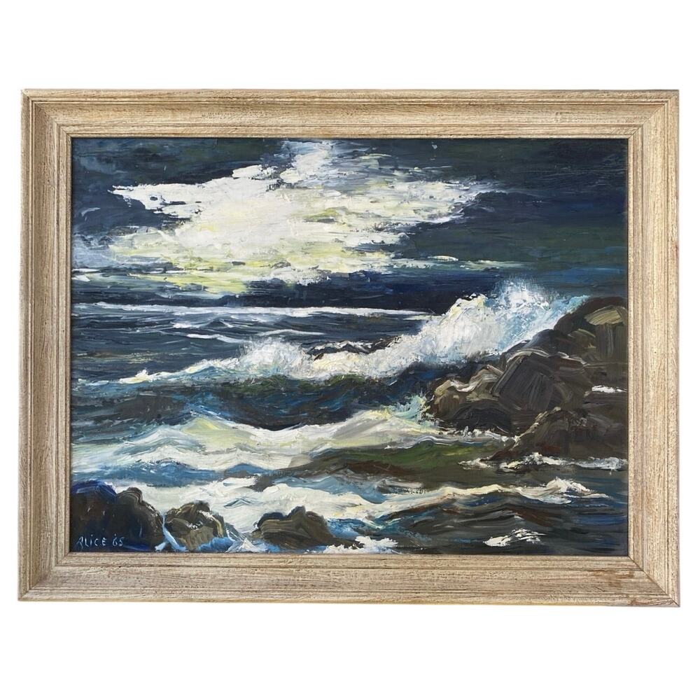 Vintage Coastal Painting Ocean Waves California Coast Rough Surf Framed Signed